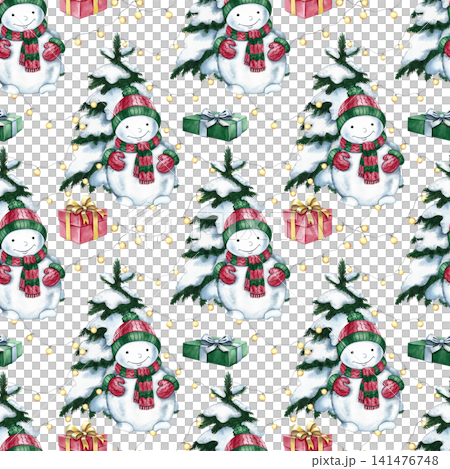 Seamless pattern of cute snowmen, Christmas trees, and gifts. Hand-drawn watercolor illustration. Perfect for Christmas packaging, seasonal holiday prints, textiles, wallpaper, tablecloths, and more. Seamless pattern of cute snowmen, Christmas trees, and gifts. Hand-drawn watercolor illustration. Perfect for Christmas packaging, seasonal holiday prints, textiles, wallpaper, tablecloths, and more. 141476748