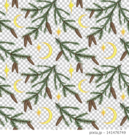 Seamless pattern of fir branches with cones, stars, and a moon. Hand-drawn watercolor illustration. Perfect for Christmas packaging, seasonal holiday prints, textiles, wallpaper, tablecloths and more. 141476749