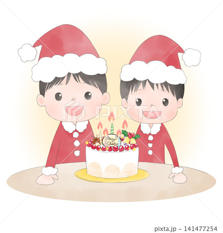 サンタの格好をした兄弟とクリスマスケーキのイラスト サンタの格好をした兄弟とクリスマスケーキのイラスト 141477254