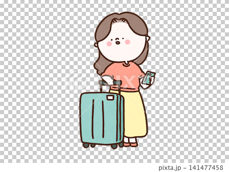 一位女士拿著智慧型手機和行李箱,緊張地環顧四周(旅行者,迷路了)。 一位女士拿著智慧型手機和行李箱,緊張地環顧四周(旅行者,迷路了)。 141477458