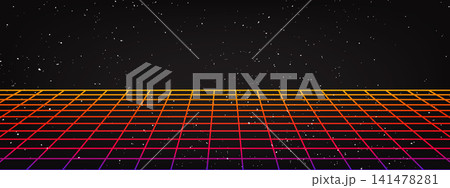 Retro perspective grid floor background with neon gradient wireframe. Futuristic 80s style. Cyber technology template for sci-fi banner and poster design. Retro perspective grid floor background with neon gradient wireframe. Futuristic 80s style. Cyber technology template for sci-fi banner and poster design. 141478281