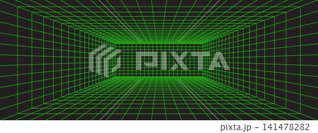 Futuristic green perspective grid box. Wireframe room on black background. Abstract 3D digital space with grid lines. 141478282