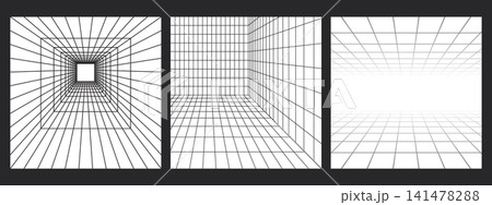 Perspective grid box set. Wireframe lines on dark background. Abstract 3D room bg in retro style. Perspective grid box set. Wireframe lines on dark background. Abstract 3D room bg in retro style. 141478288