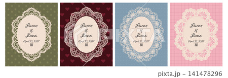 Vintage oval scallop lace frame set. Rectangular wedding invitation template with elegant border edge and floral doily trim. Romantic card design. 141478296
