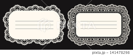 Scallop lace border cards template. Vintage rectangular frame with floral doily trim. Vector design for wedding label. 141478298