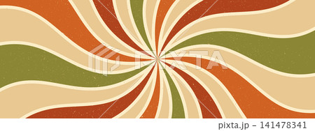 Retro pattern swirl background. Radial groovy starburst. Wavy line design with grunge texture. Psychedelic 70s bg. 141478341