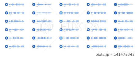 Voice message interface with play, pause buttons and sound waves. Waveform pattern for music player, podcasts, mobile voice message, streaming. 141478345
