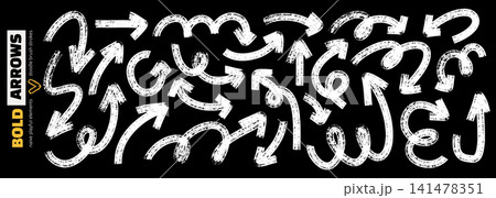Thick marker brush arrow collection. Bold hand drawn curved and straight pointers. Rough doodle strokes and grunge scratches in funky retro style. Thick marker brush arrow collection. Bold hand drawn curved and straight pointers. Rough doodle strokes and grunge scratches in funky retro style. 141478351