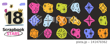 Hand drawn scrapbook star sticker collection with crayon texture. Doodle sparkle and asterisk cutouts. Rough chalk scribble starburst in playful collage style. Hand drawn scrapbook star sticker collection with crayon texture. Doodle sparkle and asterisk cutouts. Rough chalk scribble starburst in playful collage style. 141478362