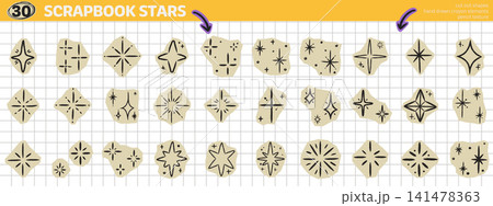 Scrapbook doodle star stickers with crayon texture. Sparkle and asterisk shapes. Cutout starburst elements for bullet journals, collages. 141478363