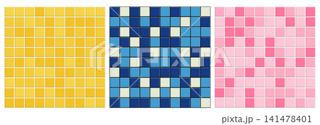 Seamless pool tile background set. Yellow, blue and pink ceramic mosaic pattern bundle. 141478401