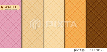 Waffle texture seamless pattern set. Pink strawberry, chocolate and cream wafer. Waffle texture seamless pattern set. Pink strawberry, chocolate and cream wafer. 141478425