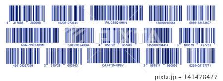 Blue bar code labels set with numbers. Collection of multiple horizontal barcodes for product identification, scanning and inventory tracking. 141478427