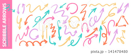 Scribble crayon arrow collection. Doodle curved and straight hand drawn pointers in playful style. Scribble crayon arrow collection. Doodle curved and straight hand drawn pointers in playful style. 141478480