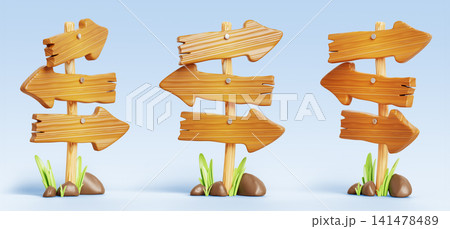 Wooden arrow sign posts 3d set isolated on light blue background. Hiking trail direction signs, cartoon road pointers, choice signpost, blank signboard with pole, grass and stones. 3D illustration Wooden arrow sign posts 3d set isolated on light blue background. Hiking trail direction signs, cartoon road pointers, choice signpost, blank signboard with pole, grass and stones. 3D illustration 141478489