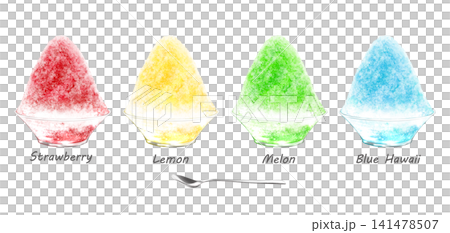 A set of 4 flavors of crispy, cold shaved ice served in a glass bowl. 141478507