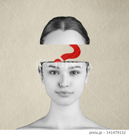 Young woman thinking with head open question mark Young woman thinking with head open question mark 141479132