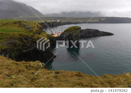 Small harbor sheltered by rocky cliffs and sea stacks at Arnarstapi, Iceland 141479262