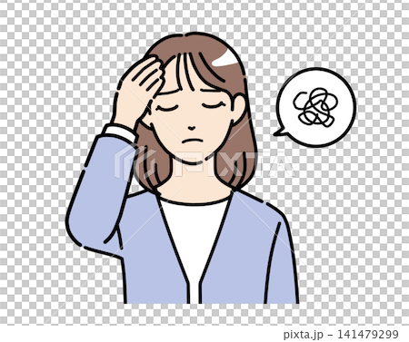 A color illustration of a young woman in office casual attire holding her head in worry. A color illustration of a young woman in office casual attire holding her head in worry. 141479299