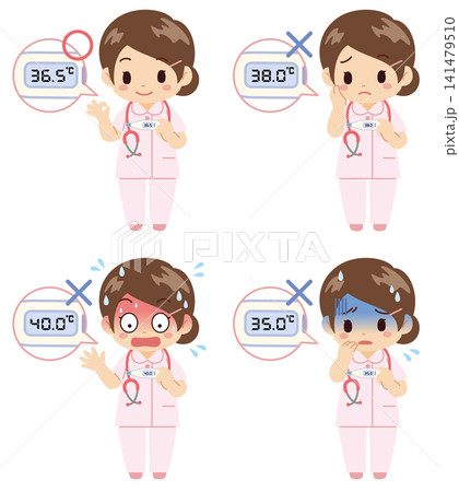 女性看護師の検温結果と様々な表情のイラスト素材セット 女性看護師の検温結果と様々な表情のイラスト素材セット 141479510