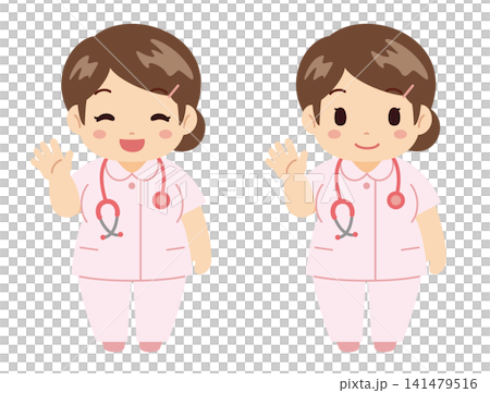 Medical illustration material of a chubby female nurse smiling and waving. Medical illustration material of a chubby female nurse smiling and waving. 141479516
