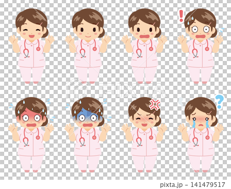 A set of 8 facial expressions of a chubby female nurse that convey a range of emotions. A set of 8 facial expressions of a chubby female nurse that convey a range of emotions. 141479517