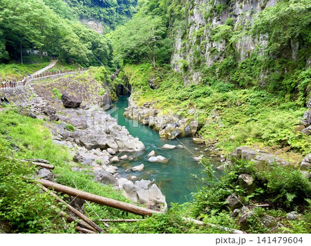 宮崎県高千穂町の高千穂峡で見られる真名井の滝と見事な柱状節理の渓谷風景 宮崎県高千穂町の高千穂峡で見られる真名井の滝と見事な柱状節理の渓谷風景 141479604