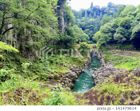 宮崎県高千穂町の高千穂峡で見られる真名井の滝と見事な柱状節理の渓谷風景 宮崎県高千穂町の高千穂峡で見られる真名井の滝と見事な柱状節理の渓谷風景 141479614
