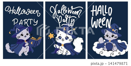 Kawaii Witch Cats with Magic Book Wand and Crystal Ball Kawaii Witch Cats with Magic Book Wand and Crystal Ball 141479871