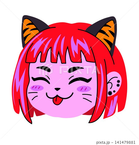 Cute Anime Cat Girl Face with Red Hair and Cat Ears 141479881
