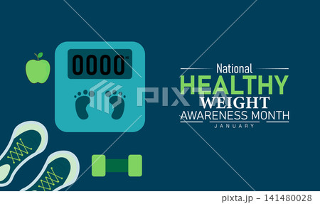National Healthy Weight Awareness Month Poster Banner and Background Design Template Featuring Scale, Fitness, and Nutrition Icons Illustration for Wellness, Healthy Lifestyle, and Weight Management 141480028