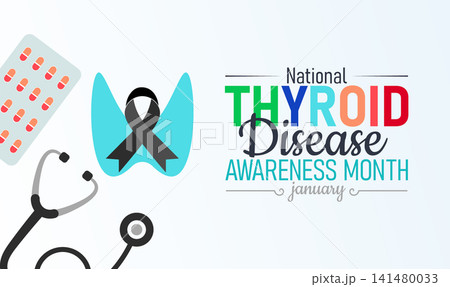 National Thyroid Disease Awareness Month Poster Banner and Background Design Template Featuring Thyroid Gland Icon, Medical Illustration, and Health Symbols for Endocrine Health, Screening National Thyroid Disease Awareness Month Poster Banner and Background Design Template Featuring Thyroid Gland Icon, Medical Illustration, and Health Symbols for Endocrine Health, Screening 141480033