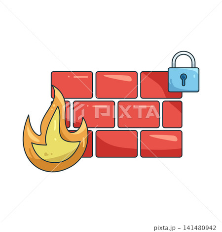 Illustration of firewall with lock and flame Illustration of firewall with lock and flame 141480942