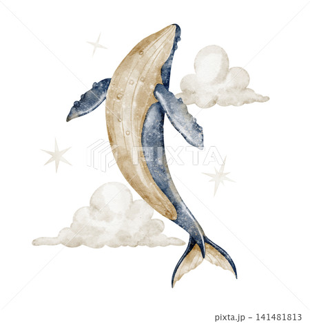 Whale watercolor and clouds and stars illustration. Marine animal flying in the sky on isolated background. Fantasy ocean creature for nursery poster and baby storybook. Art for childish design. Whale watercolor and clouds and stars illustration. Marine animal flying in the sky on isolated background. Fantasy ocean creature for nursery poster and baby storybook. Art for childish design. 141481813