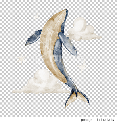 Whale watercolor and clouds and stars illustration. Marine animal flying in the sky on isolated background. Fantasy ocean creature for nursery poster and baby storybook. Art for childish design. Whale watercolor and clouds and stars illustration. Marine animal flying in the sky on isolated background. Fantasy ocean creature for nursery poster and baby storybook. Art for childish design. 141481813