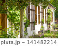 White facade of an old building with wooden trellises and green plants 141482214