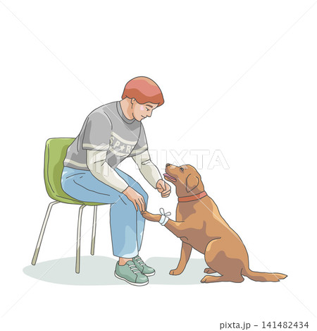 Dog owner comforting injured dog with bandaged paw in veterinary clinic Dog owner comforting injured dog with bandaged paw in veterinary clinic 141482434