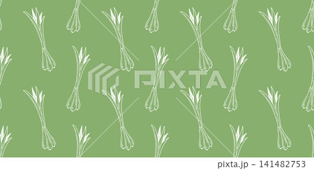 Seamless pattern with hand drawn green onions on green background Seamless pattern with hand drawn green onions on green background 141482753