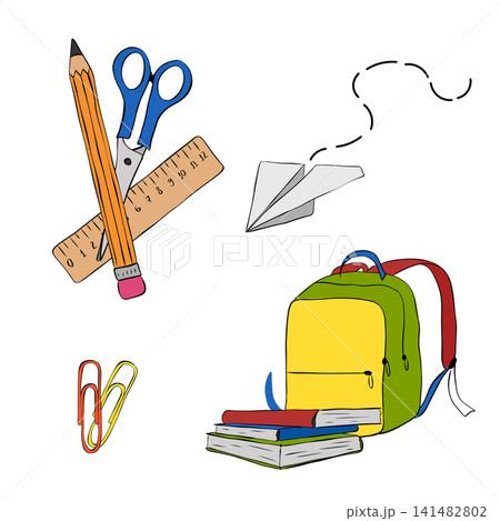 pile text books school with schoolbag School composition set colored hand drawn illustration. Vector graphic line ink art. Sample poster, invitation, holiday banner, postcard. 141482802