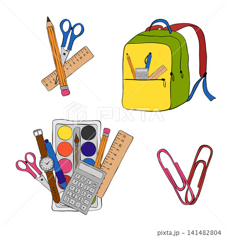 scissor and pencil and ruller School composition set colored hand drawn illustration. Vector graphic line ink art. background for banners, print for fabric, labels, t-shirt printing. 141482804