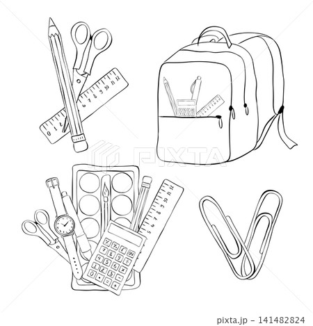 scissor and pencil and ruller School composition set Black and white hand drawn illustration. Vector graphic line ink art. background for banners, print for fabric, labels, t-shirt printing. 141482824