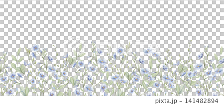 Watercolor blue flax flowers and green stems seamless banner on isolated background. Veronica or forget me not blooming plants floral border. Decorative pattern for wedding invitation and stationery Watercolor blue flax flowers and green stems seamless banner on isolated background. Veronica or forget me not blooming plants floral border. Decorative pattern for wedding invitation and stationery 141482894