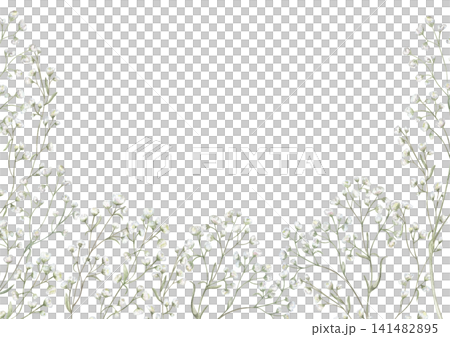 Watercolor white gypsophila flowers frame on isolated background. Floral border with delicate small white blossoms. Baby breath branches illustration for greeting card or wedding invitation. 141482895