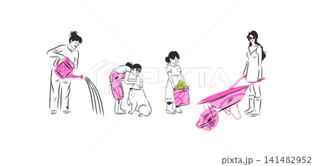 Hand drawn vector graphic sketch illustration set with various people and kid involved in gardening and watering .Gardening concept vector graphic illustration line art. Cute garden person drawing Hand drawn vector graphic sketch illustration set with various people and kid involved in gardening and watering .Gardening concept vector graphic illustration line art. Cute garden person drawing 141482952