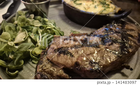 Grilled steak with fresh greens and baked side dish Grilled steak with fresh greens and baked side dish 141483097
