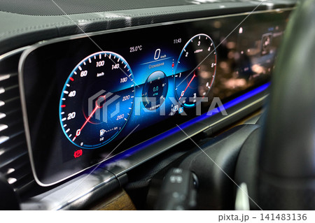 Digital car dashboard display with speedometer gauges 141483136