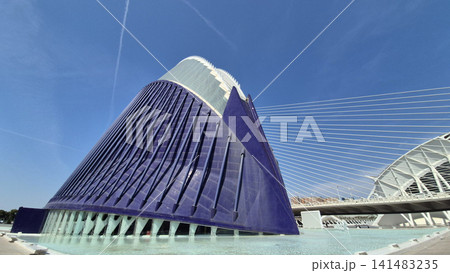 Modern futuristic bridge and architecture under blue sky Modern futuristic bridge and architecture under blue sky 141483235
