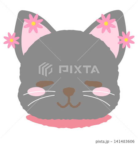 周りにお花が飛んでいる幸せそうな表情の黒猫のお顔アイコンイラスト 周りにお花が飛んでいる幸せそうな表情の黒猫のお顔アイコンイラスト 141483606