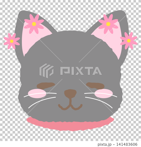 周りにお花が飛んでいる幸せそうな表情の黒猫のお顔アイコンイラスト 周りにお花が飛んでいる幸せそうな表情の黒猫のお顔アイコンイラスト 141483606