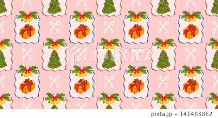 Seamless print tree winter pattern with snowflake and christmas bg. Vector cover modern classic ornament in nordic style. Bow and funny noel detail for cute snow decoration. 141483862